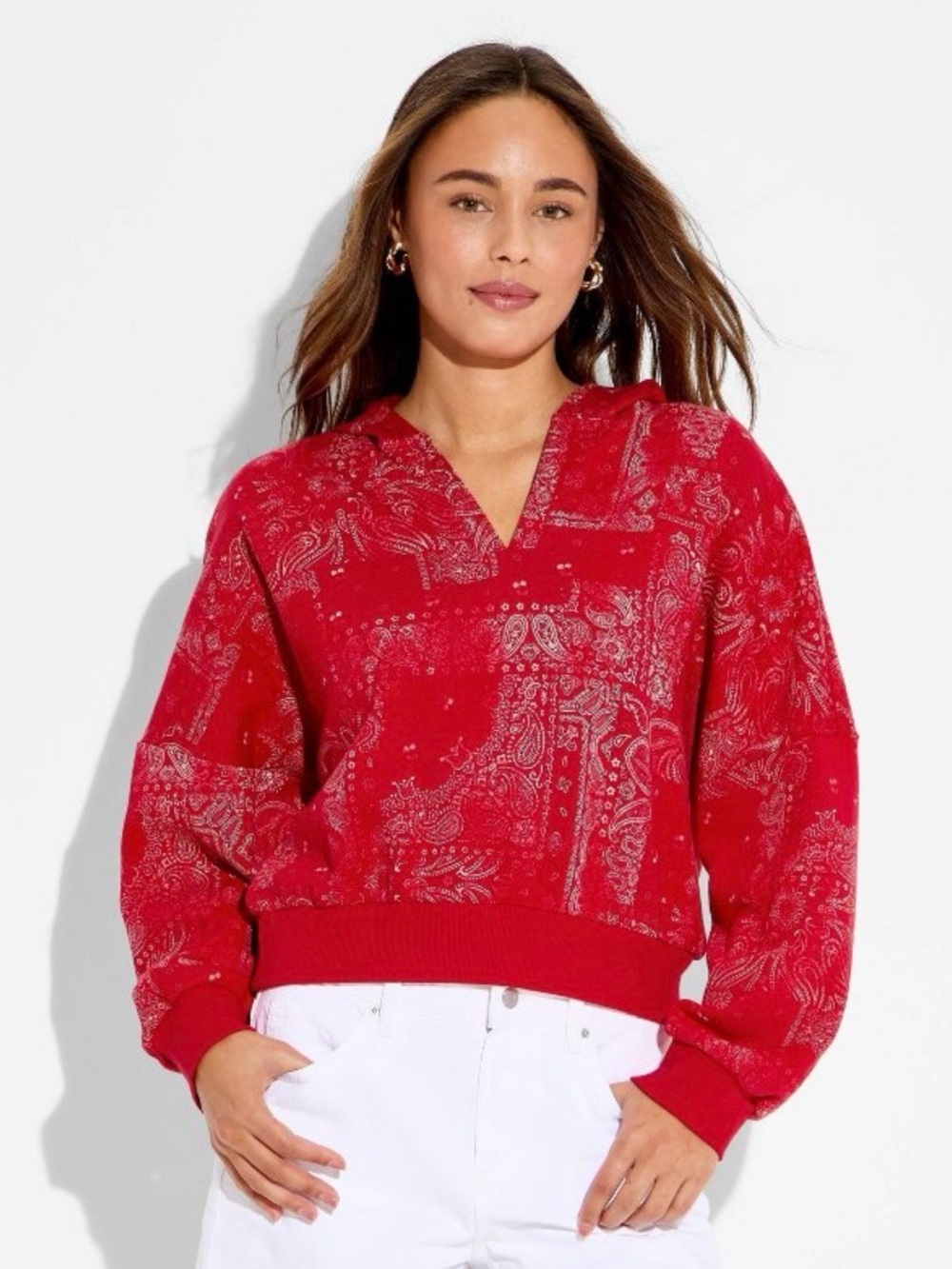 Women's Split Neck French Terry Pullover Sweatshirt - Wild Fable™ Red Paisley